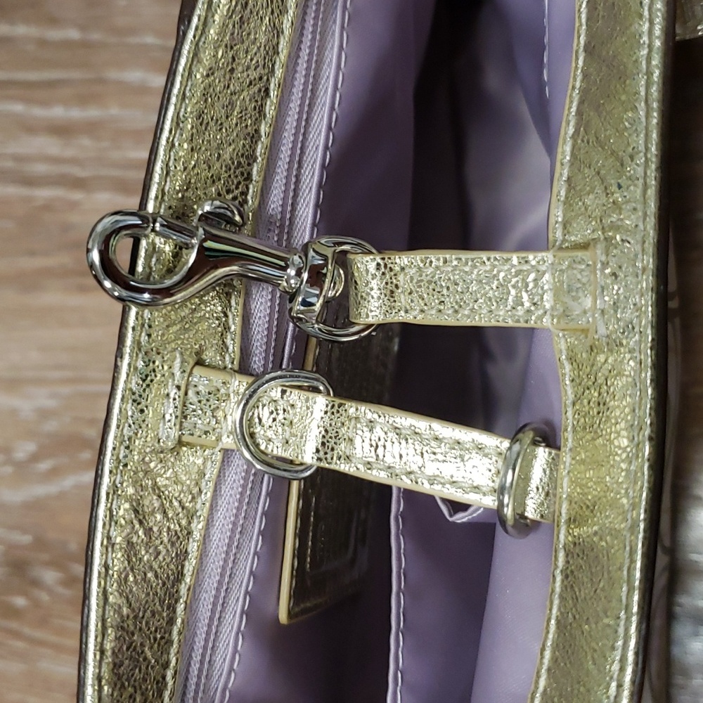 COACH Metallic Gold Plaid Monogram Logo Mini Handbag Luxury Formal Occassion - Picture 3 of 11